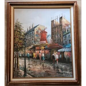 VTG Henry Henri Rogers Moulin Rouge Paris France Scene Framed Oil Painting 29x24